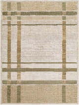 Close-up of the Harini Area Rug, showcasing its farmhouse style plaid pattern in off-white, tan, and olive. Design-Rectangle-575