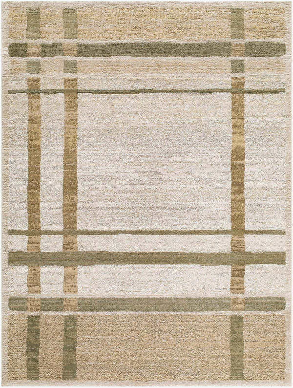 Close-up of the Harini Area Rug, showcasing its farmhouse style plaid pattern in off-white, tan, and olive. Design-Rectangle-575