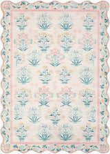 Close-up of the Bufae Floralnature rug. Modern floral pattern in blush pink, coral, gold, green, and ivory with a scalloped edge. Design-Rectangle-576