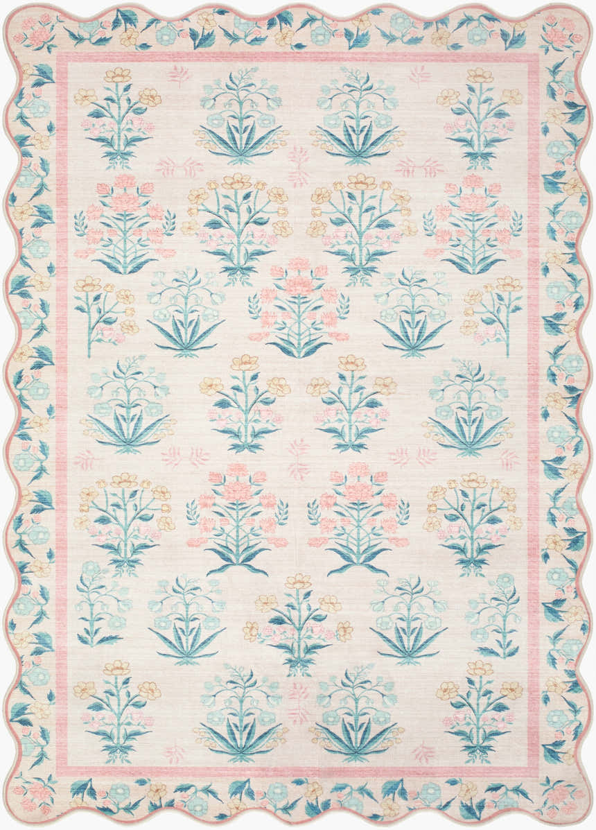 Close-up of the Bufae Floralnature rug. Modern floral pattern in blush pink, coral, gold, green, and ivory with a scalloped edge. Design-Rectangle-576