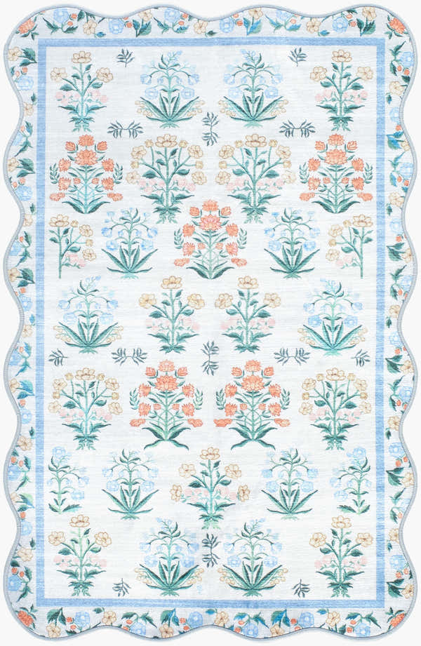 Sample Hevua Blue Floralnature  Machine Woven Polyester Washable Area Rug