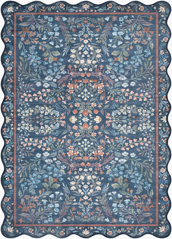 Sample Pepo Blue Floralnature  Machine Woven Polyester Washable Area Rug