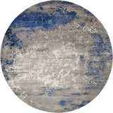 Close-up of round Nourison Twilight Blue Grey rug. Modern design with blue and gray abstract pattern.