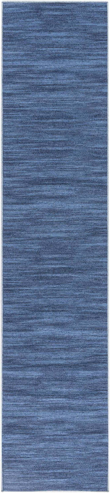 Close-up of the Nourison s Blue Modern Indoor Washable Area Rug. Light blue rug with subtle horizontal striations.