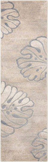 Close up of the Nourison Maxell Beige rug, showing a modern floral pattern and soft, neutral colors.