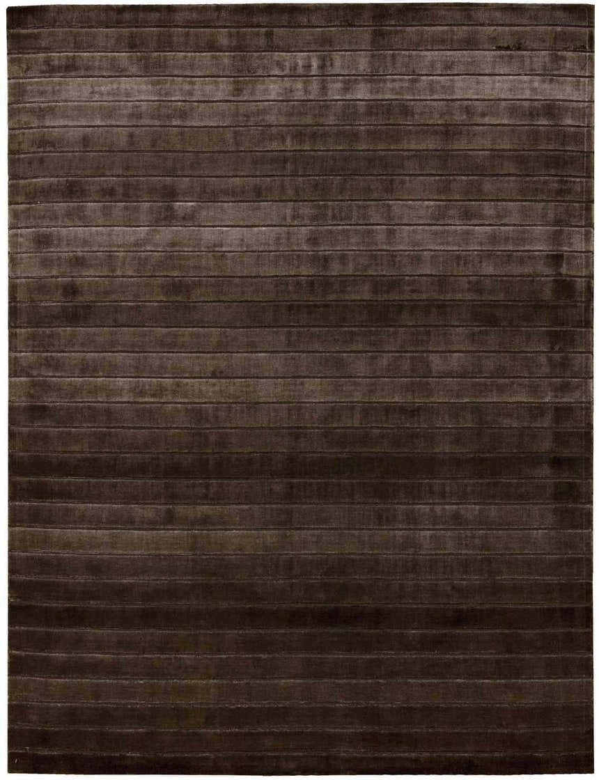 Close-up of the Nourison Aura Chocolate rug. Brown, horizontal stripes create a modern, textured pattern.