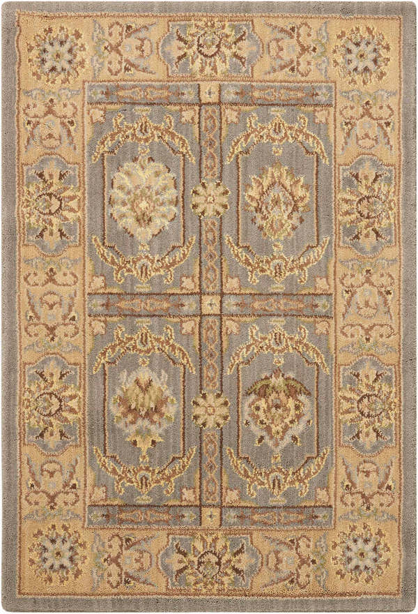 Close-up of the slate Nourison Persian Empire rug. Persian style with taupe and gold floral patterns. New Zealand wool texture.