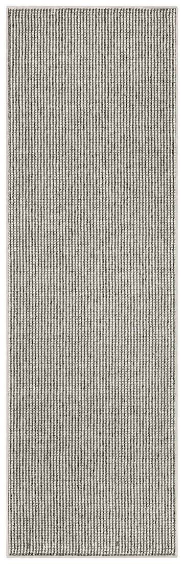 Close-up of Nourison Natural Texture Ivory Grey Farmhouse rug, featuring vertical stripes and textured weave.