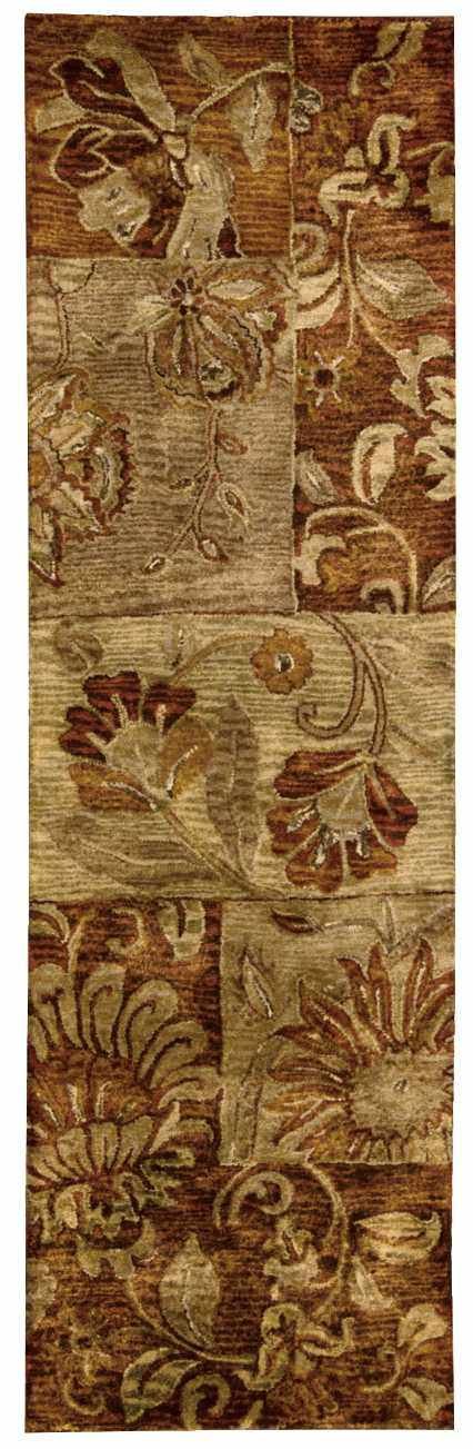 Close-up of the handmade Nourison Jaipur Multicolor Persian rug. Floral pattern in brown, beige, and gold tones. Wool and cotton texture.