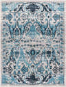 Close-up of the Macalaya Washable Area Rug. Features a traditional oriental design in blue, gray, and ink blue hues. Design-Rectangle-71010