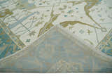 Made to Order Hand Knotted Oriental Oushak Ivory, Aqua and Beige Wool Area Rug