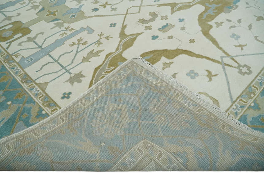 Made to Order Hand Knotted Oriental Oushak Ivory, Aqua and Beige Wool Area Rug