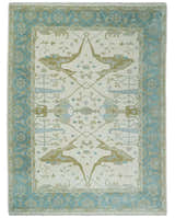 Made to Order Hand Knotted Oriental Oushak Ivory, Aqua and Beige Wool Area Rug