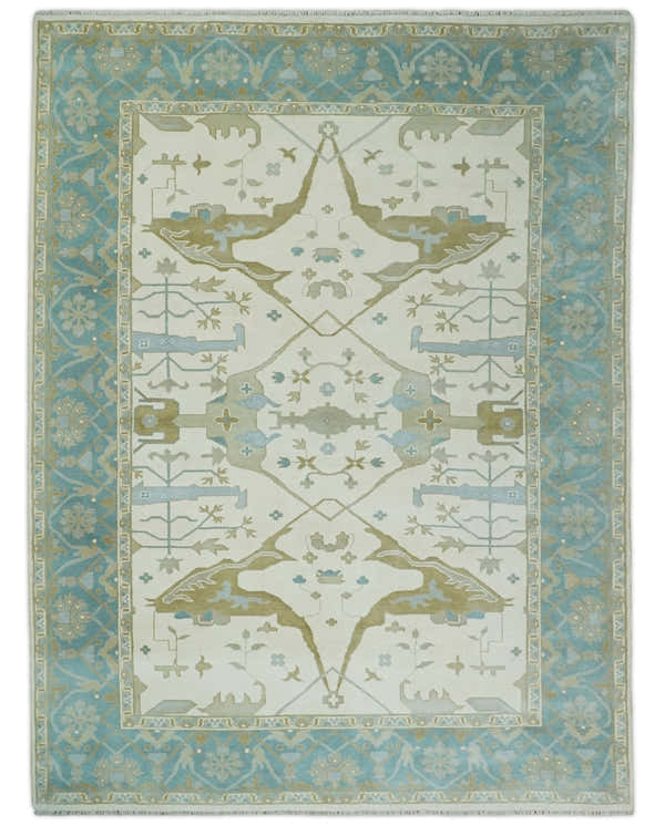 Made to Order Hand Knotted Oriental Oushak Ivory, Aqua and Beige Wool Area Rug