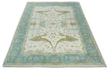 Made to Order Hand Knotted Oriental Oushak Ivory, Aqua and Beige Wool Area Rug