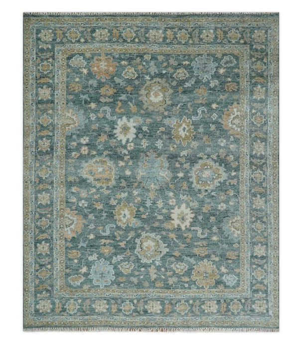 Made to Order Teal, Olive and Silver Antique Style Hand knotted Oushak wool Area Rug