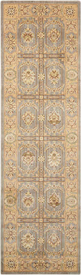 Close-up of the slate-colored Nourison Persian Empire rug, a wool runner with a traditional taupe floral pattern.