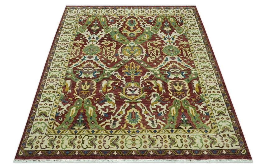 Maroon and Green Hand Knotted Traditional Large Design Multi Size wool area rug