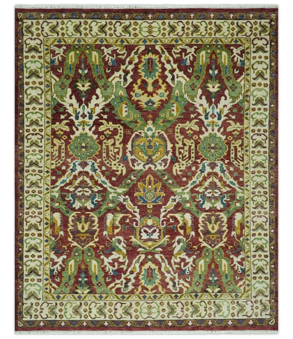 Maroon and Green Hand Knotted Traditional Large Design Multi Size wool area rug