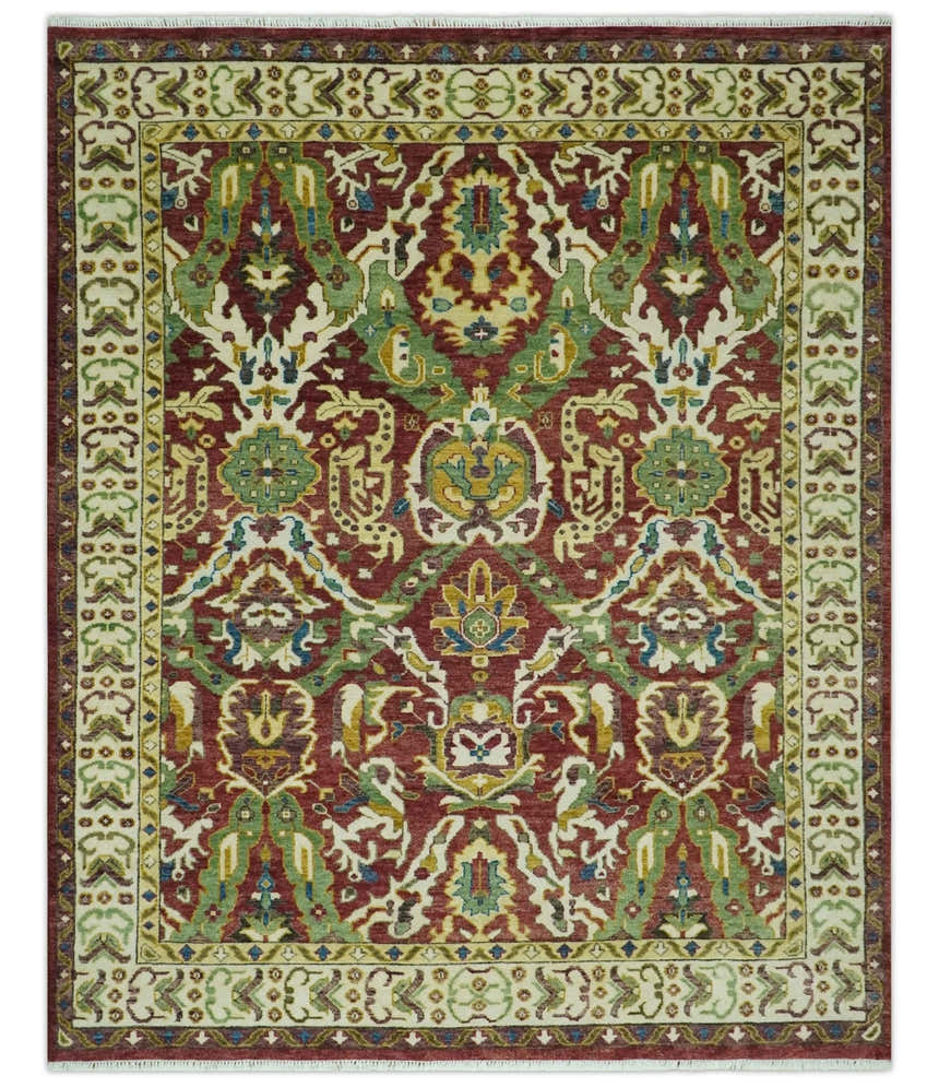 Maroon and Green Hand Knotted Traditional Large Design Multi Size wool area rug
