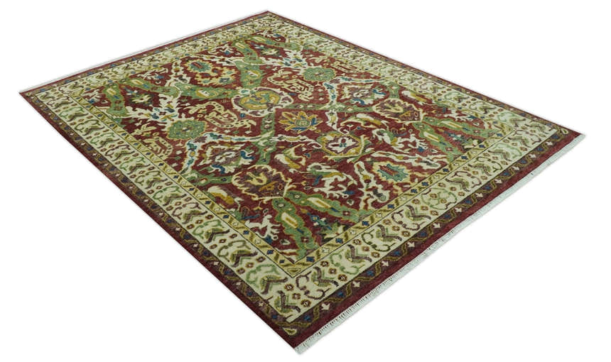 Maroon and Green Hand Knotted Traditional Large Design Multi Size wool area rug