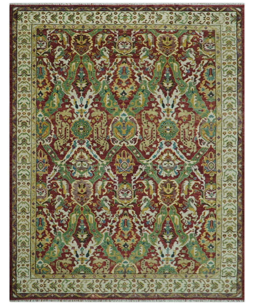 Maroon and Green Hand Knotted Traditional Large Design Multi Size wool area rug