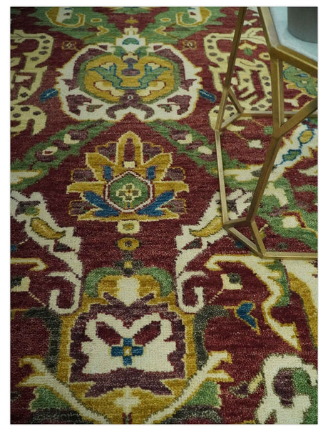 Maroon and Green Hand Knotted Traditional Large Design Multi Size wool area rug