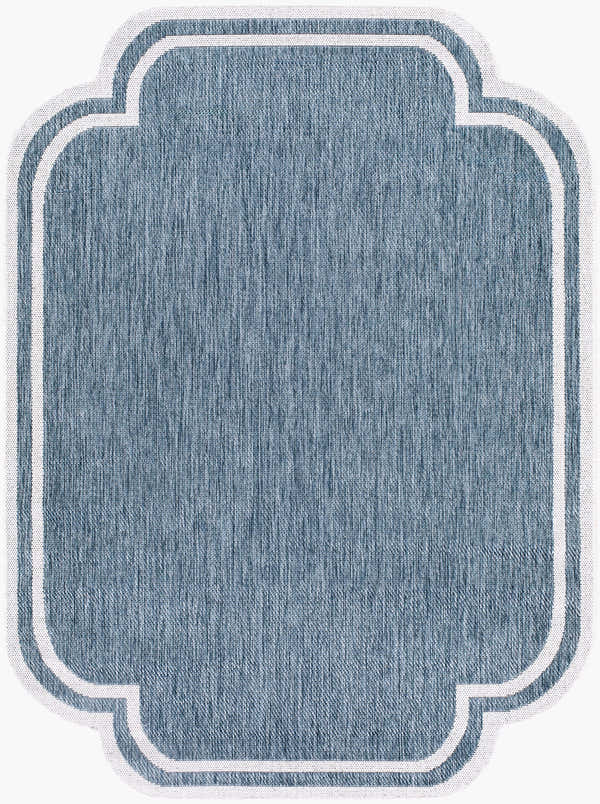 Close-up of the Arnola Area Rug, blue and cream farmhouse style with a unique quatrefoil shape. Design-Rectangle-537