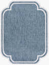 Close-up of the Arnola Area Rug, blue and cream farmhouse style with a unique quatrefoil shape. Design-Rectangle-537
