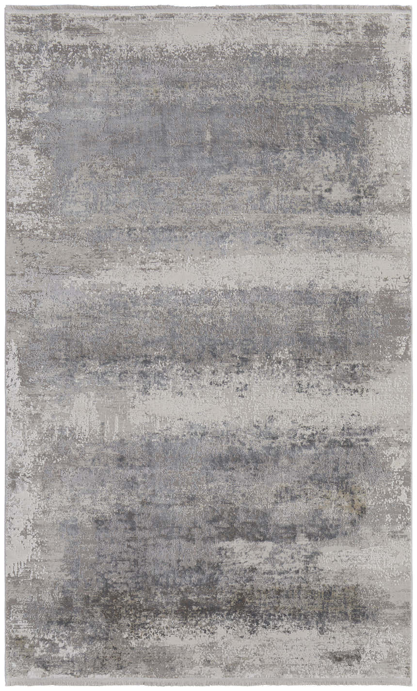 Close-up of the Feizy Cadiz Modern Abstract rug in taupe, gray, and silver. Features a distressed, contemporary design. Design-Rectangle