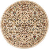 Close-up of a round Nourison Walden Ivory Area Rug. Features a floral chestnut, beige, and blue pattern.