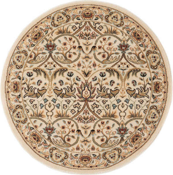 Close-up of a round Nourison Walden Ivory Area Rug. Features a floral chestnut, beige, and blue pattern.