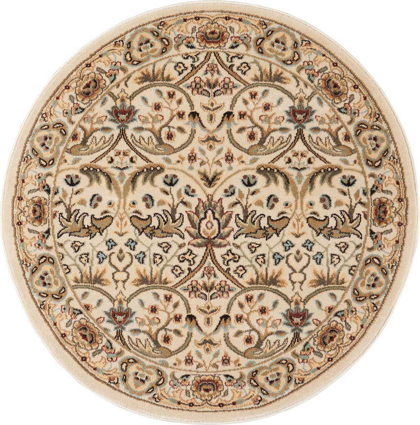 Close-up of a round Nourison Walden Ivory Area Rug. Features a floral chestnut, beige, and blue pattern.