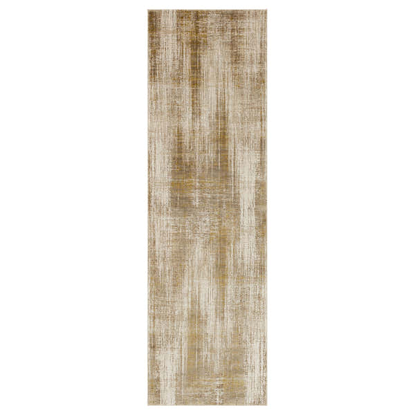 Close-up of Karastan Messina Cream runner rug with a distressed, abstract pattern in cream, gold, tan, and taupe. Design-Runner