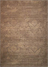 Close-up of Nourison Silken Allure Mushroom Persian rug. Handmade wool rug with distressed floral design in brown and beige tones.