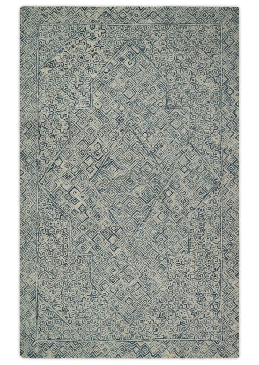 Mid Century Modern Hand Tufted 2x3, 3x5, 5x8, 6x9, 8x10 and 9x12 Woolen Beige and Blue Area Rug | MIR1