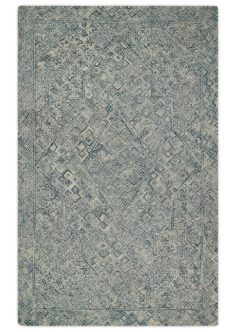 Mid Century Modern Hand Tufted 2x3, 3x5, 5x8, 6x9, 8x10 and 9x12 Woolen Beige and Blue Area Rug | MIR1