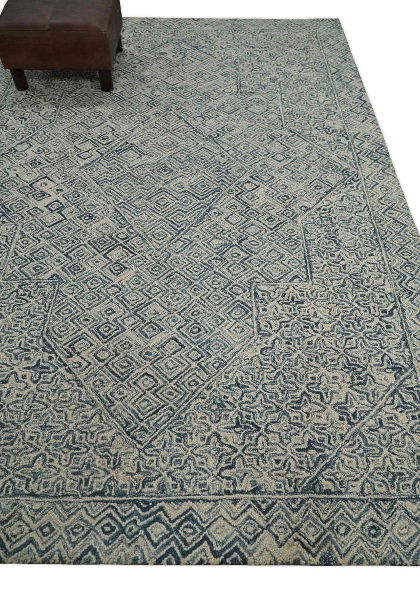 Mid Century Modern Hand Tufted 2x3, 3x5, 5x8, 6x9, 8x10 and 9x12 Woolen Beige and Blue Area Rug | MIR1