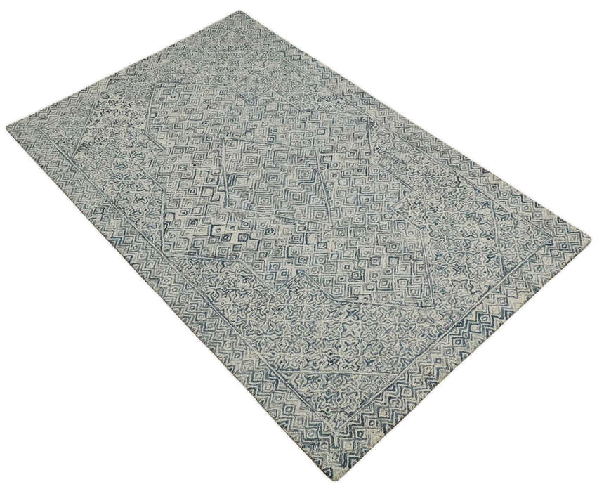 Mid Century Modern Hand Tufted 2x3, 3x5, 5x8, 6x9, 8x10 and 9x12 Woolen Beige and Blue Area Rug | MIR1