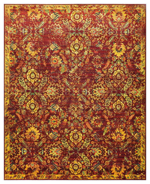 Close-up of Nourison Timeless Pomegranate Persian rug. Features a detailed floral pattern in pomegranate red, gold, and green.