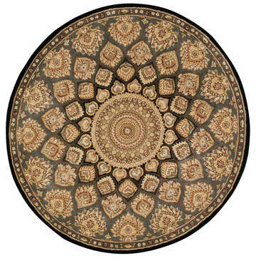 Round Nourison 2000 Slate Persian rug with a taupe floral medallion design and dark border. Handmade wool area rug.