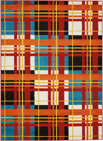 Close-up of the Nourison Oakdale Red Colorful Indoor Area Rug, featuring a bold plaid pattern in red, orange, blue, black, and white.
