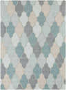 Close-up of Monteview Sage&Teal Geometric Wool Rug, featuring a quatrefoil pattern in teal, sage, gray, and taupe hues. Design-Rectangle-811