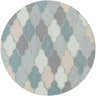 Close-up of the round Monteview Sage&Teal Geometric Wool Rug, featuring a quatrefoil pattern in sage, teal, gray, and taupe. Design-Round-8