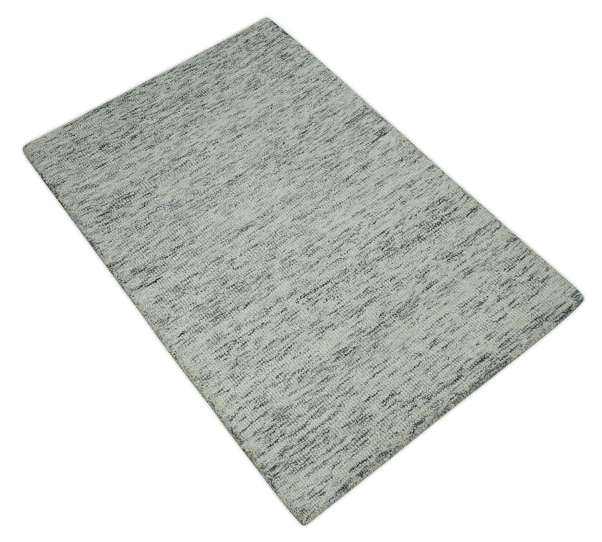Modern Beige and Charcoal Solid Shaded Hand Tufted Natural Wool Area Rug