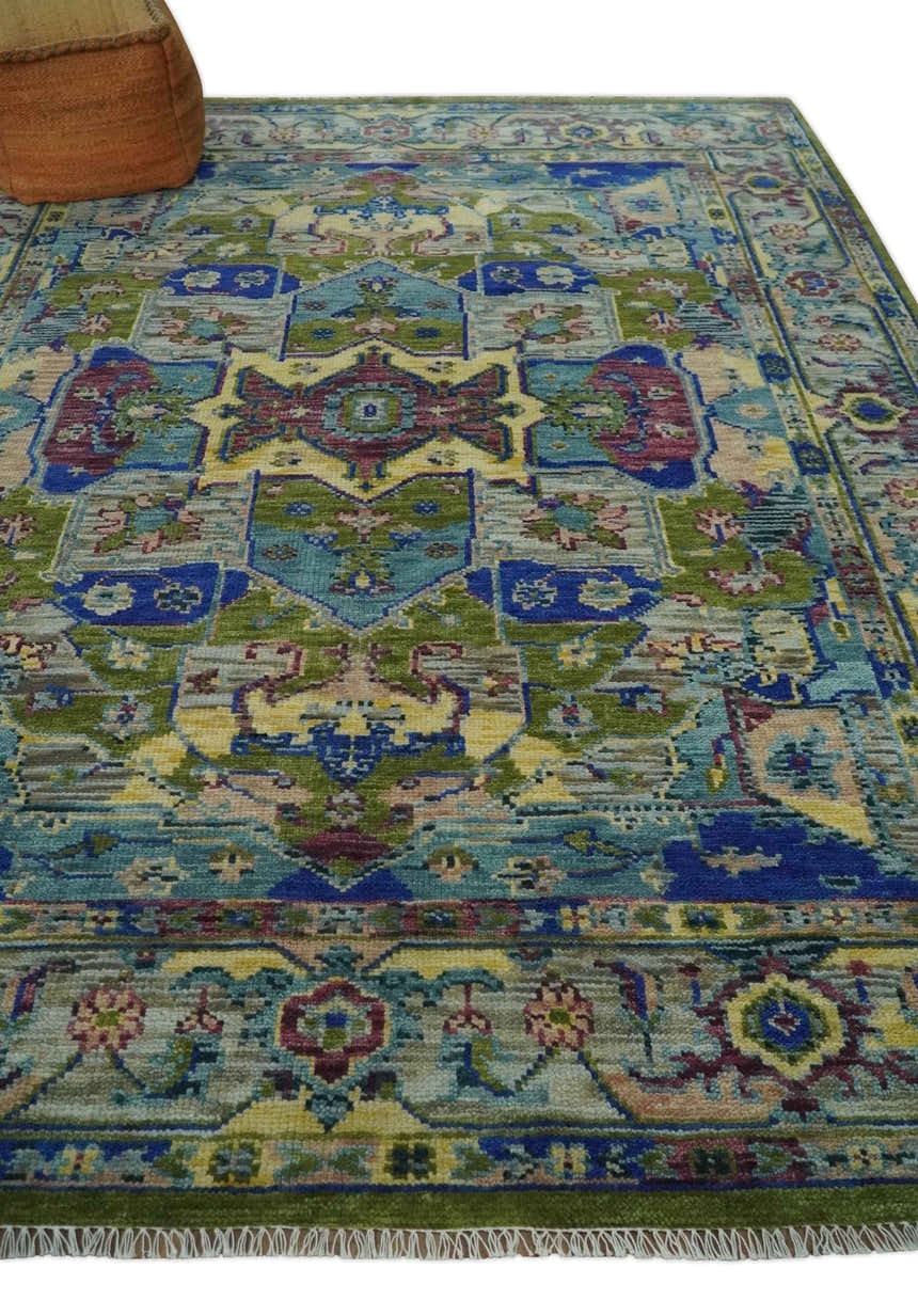 Modern Colorful Moss Green, Blue and Silver Traditional Turkish Design Heriz Wool Area Rug