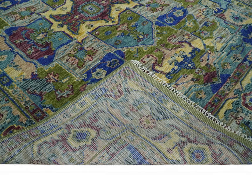 Modern Colorful Moss Green, Blue and Silver Traditional Turkish Design Heriz Wool Area Rug