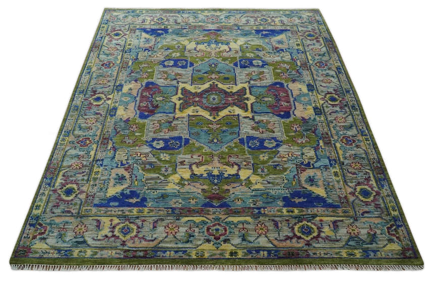 Modern Colorful Moss Green, Blue and Silver Traditional Turkish Design Heriz Wool Area Rug