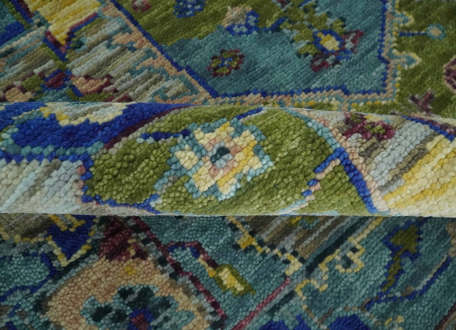 Modern Colorful Moss Green, Blue and Silver Traditional Turkish Design Heriz Wool Area Rug