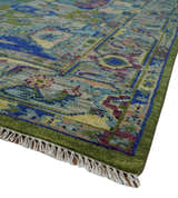 Modern Colorful Moss Green, Blue and Silver Traditional Turkish Design Heriz Wool Area Rug